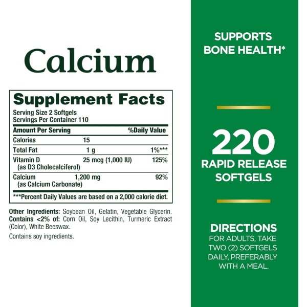Nature's Bounty Calcium 1200 mg - 220 Softgels - Image 2