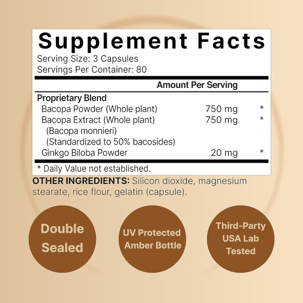 NatureBell Bacopa + Ginkgo Biloba 1,500mg, 240 Capsules - Image 2