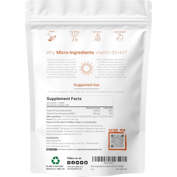 Micro-Ingredients Vitamin D3 5000 IU+K2 100 mcg, 300 Softgels - Image 2