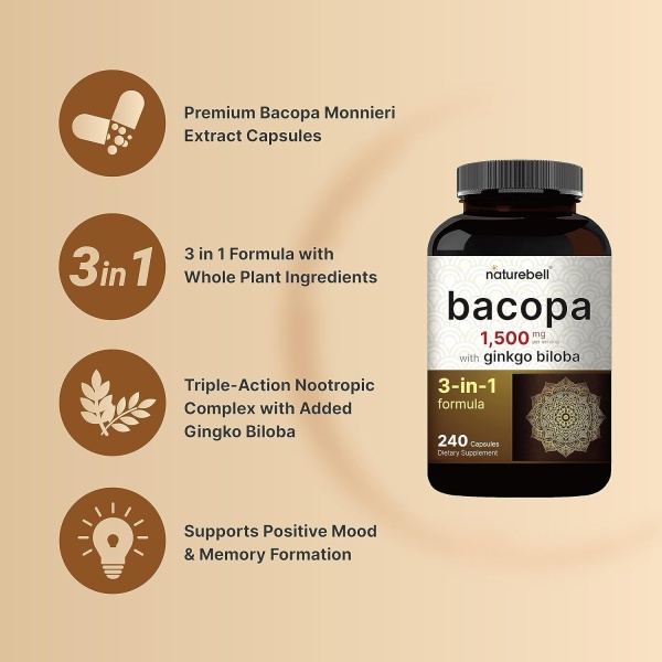 NatureBell Bacopa + Ginkgo Biloba 1,500mg, 240 Capsules - Image 3