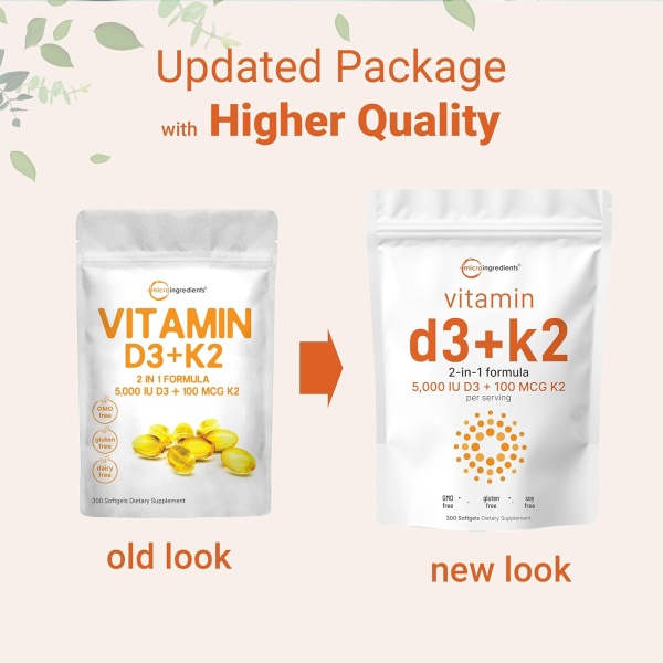 Micro-Ingredients Vitamin D3 5000 IU+K2 100 mcg, 300 Softgels - Image 3