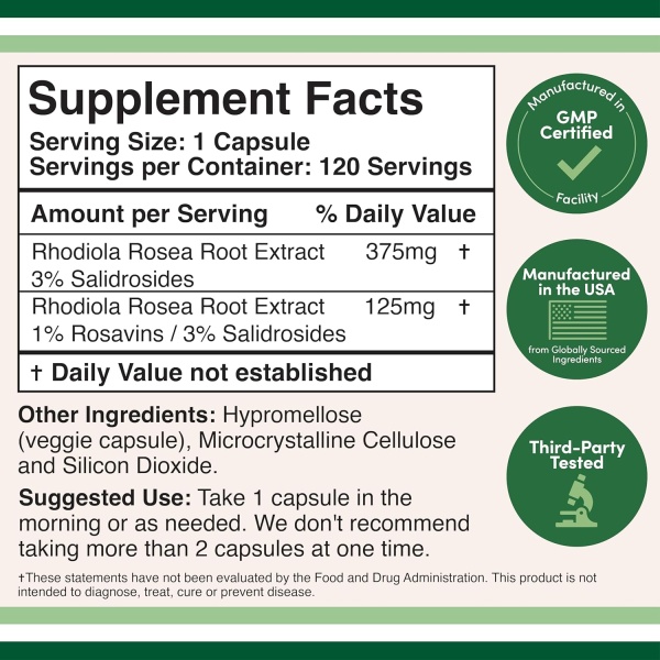 ⁦Double Wood Rhodiola Rosea Extract 500mg, 120 Capsules⁩ - الصورة ⁦5⁩