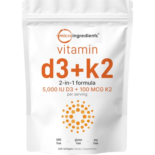 Micro-Ingredients Vitamin D3 5000 IU+K2 100 mcg, 300 Softgels