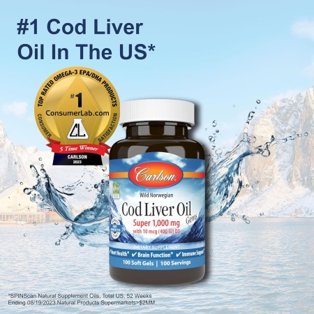 Carlson, Cod Liver Oil 1000 mg, 100 Softgels