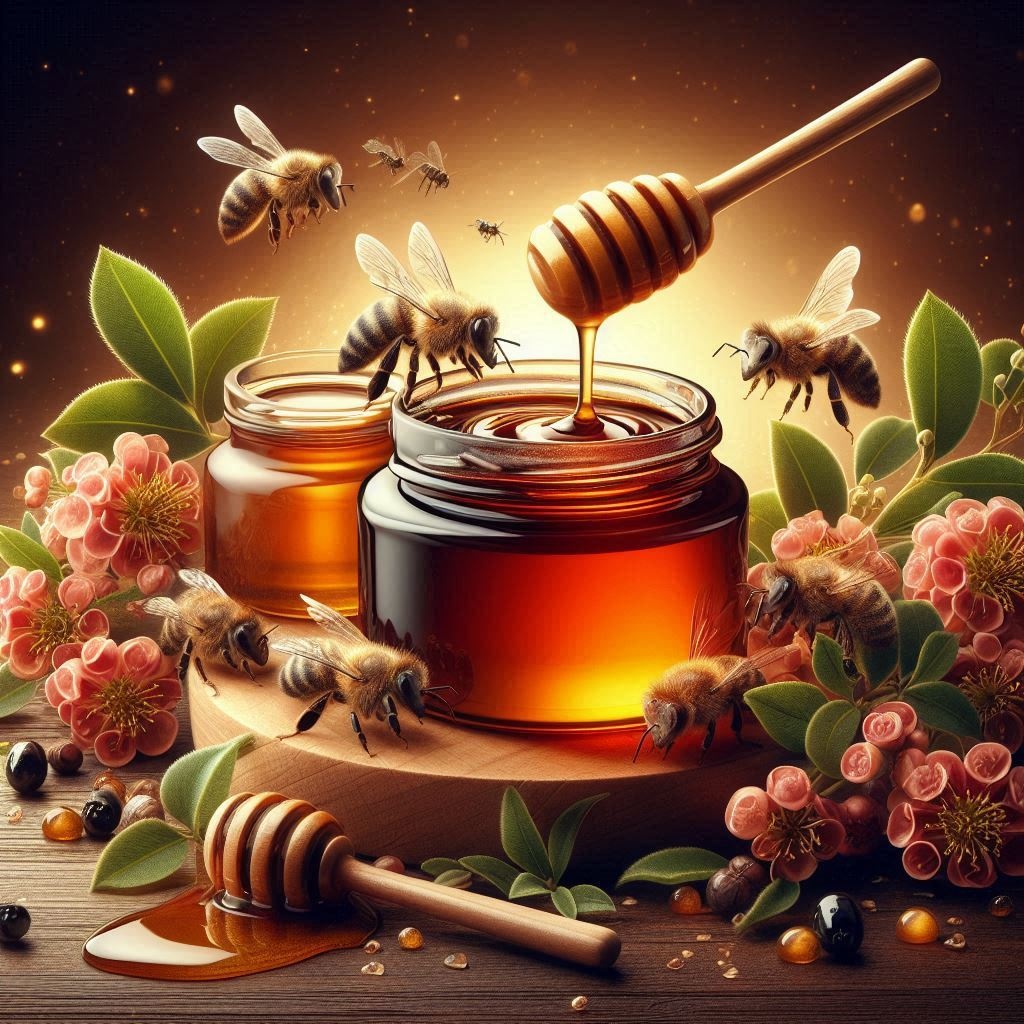 manuka honey and bee and manuka tree