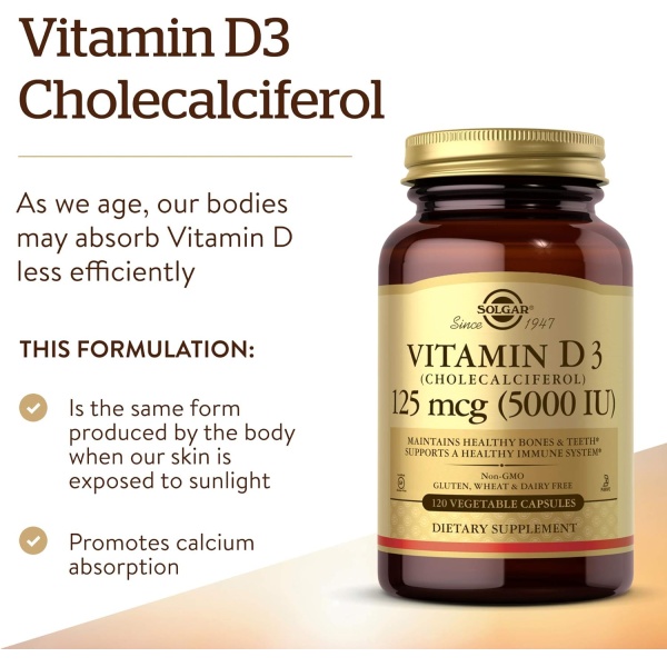 Solgar Vitamin D3 (Cholecalciferol) 125 mcg (5000 IU), 120 Capsules