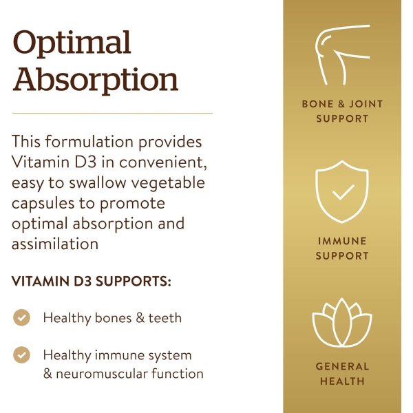 Solgar Vitamin D3 (Cholecalciferol) 125 mcg (5000 IU), Features