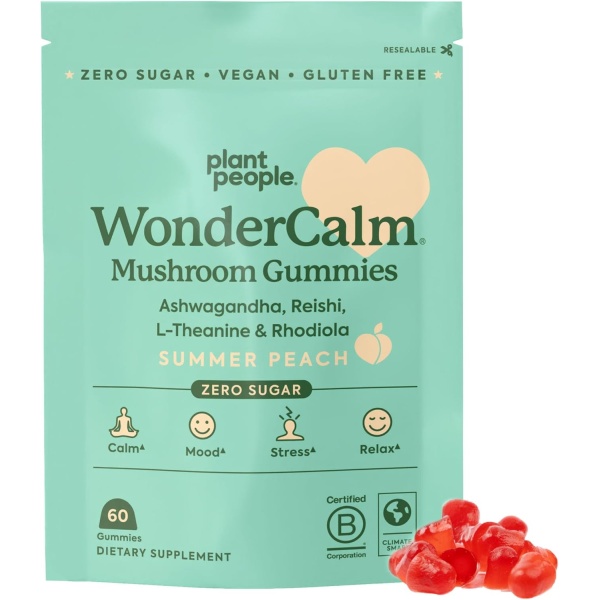 Plant People WonderCalm Mushroom Gummies - Natural Ashwagandha Supplement to Ease Stress & Boost Mood for Adults without Sugar, Gluten or Artificial Colors, Vegan-Friendly, Peach Flavor, 60 Count