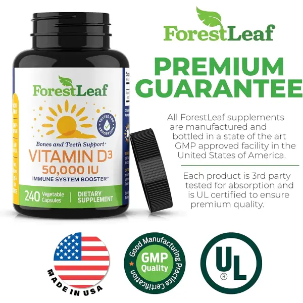 ForestLeaf Vitamin D3 50,000 IU | Bone & Immune Support | 240 Capsules - Image 2