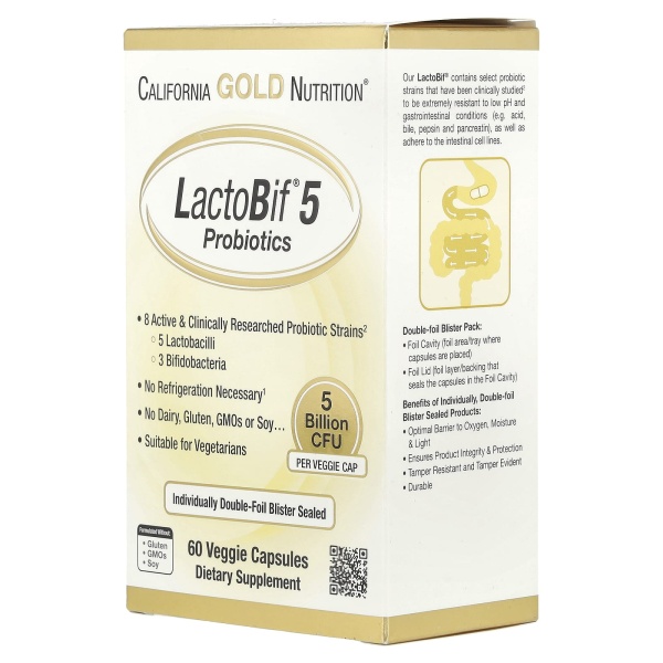 California Gold Nutrition| LactoBif® 5, Probiotics with 5 Lactobacilli and 3 Bifidobacteria, 5 Billion CFU| 60 Veggie Capsules - Image 2