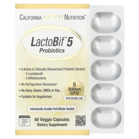 California Gold Nutrition| LactoBif® 5, Probiotics with 5 Lactobacilli and 3 Bifidobacteria, 5 Billion CFU| 60 Veggie Capsules