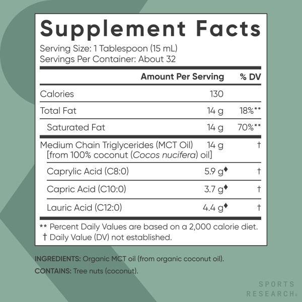 ⁦Sports Research Organic MCT Oil - Keto & Vegan MCTs C8, C10, C12 from Coconuts, 473ML⁩ - الصورة ⁦2⁩