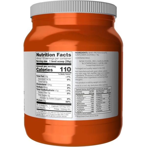 NOW Sports Whey Protein Isolate - 25g Protein with BCAAs | Unflavored Powder |1.2 lb (544g) - Image 2