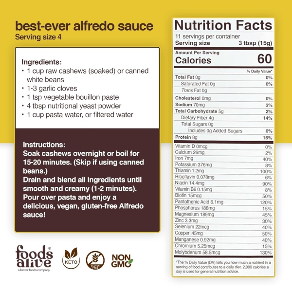 Foods Alive | Non-Fortified Premium Nutritional Yeast Flakes |6 ounce Unfortified vegan cheese powder seasoning - Image 2