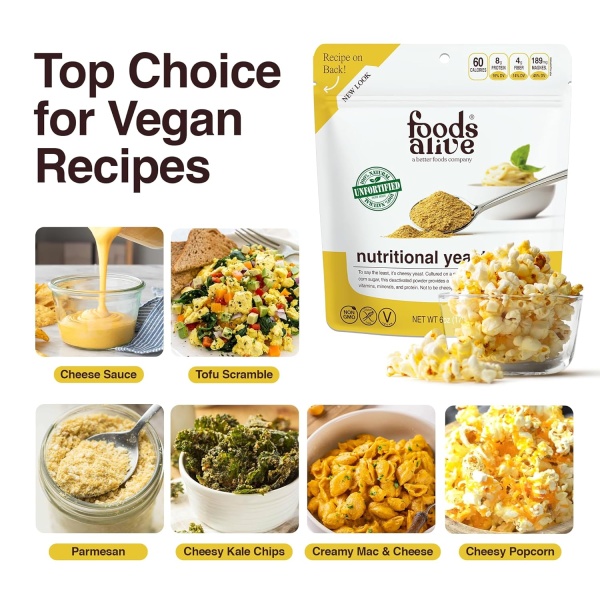 Foods Alive | Non-Fortified Premium Nutritional Yeast Flakes |6 ounce Unfortified vegan cheese powder seasoning - Image 3