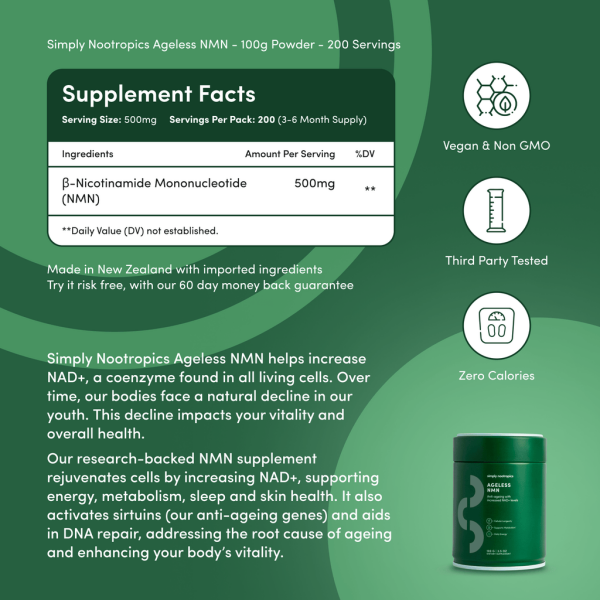 Simply Nootropics | NMN Powder (100g) Pharmaceutical Grade NAD+ Booster - Image 3