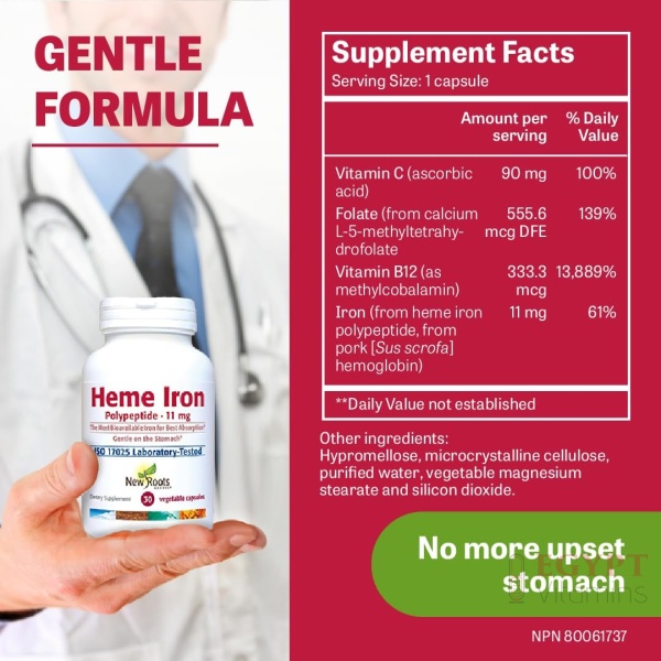 ⁦New Roots | Iron Supplement with Vitamin C and B12, Folate, Designed by Naturopathic Doctor for Best Absorption, Raise Hemoglobin & Ferritin for Women, Low-FODMAP (30 Gelatin Capsules)⁩ - الصورة ⁦7⁩
