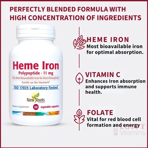 ⁦New Roots | Iron Supplement with Vitamin C and B12, Folate, Designed by Naturopathic Doctor for Best Absorption, Raise Hemoglobin & Ferritin for Women, Low-FODMAP (30 Gelatin Capsules)⁩ - الصورة ⁦3⁩