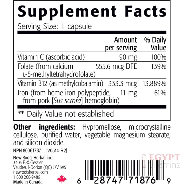 ⁦New Roots | Iron Supplement with Vitamin C and B12, Folate, Designed by Naturopathic Doctor for Best Absorption, Raise Hemoglobin & Ferritin for Women, Low-FODMAP (30 Gelatin Capsules)⁩ - الصورة ⁦2⁩