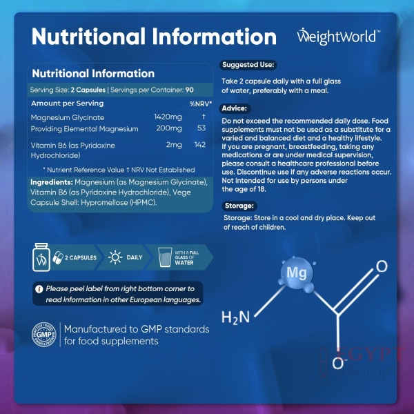 Magnesium Glycinate with Vitamin B6-1420mg Pure Magnesium Bisglycinate Powder Capsules - 180 Capsules - Image 2