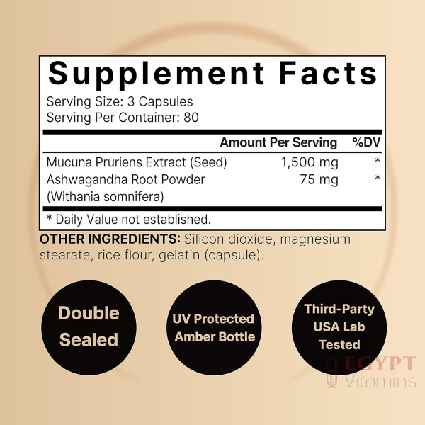 Mucuna Pruriens Capsules, Triple Strength 1500mg Per Serving, 2 in 1 Formula, Made with Mucuna and Ashwagandha, 240 Capsules - Image 2