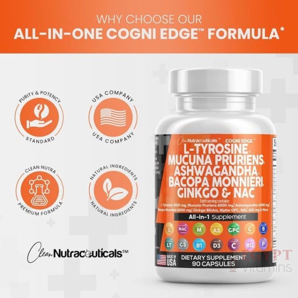 Clean Nutraceuticals L Tyrosine Mucuna Pruriens Bacopa Monnieri Ashwagandha Focus Supplement w/N-Acetyl Cysteine NAC 5-HTP Ginkgo Biloba Alpha GPC Vitamin C D B1 B12 - Image 5