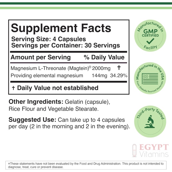 Magnesium L Threonate, Magtein™, Sleep and Cognitive Support – 2,000 mg – 120 Capsules - Image 2