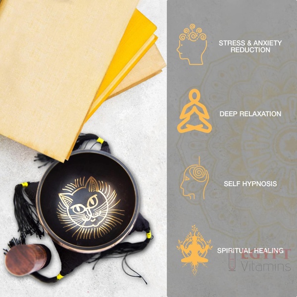⁦Tibetan Singing bowl Set - Easy To Play Cat Design Meditation Mindful 7 Chakra Sound Healing Handcrated Gift By HIMALAYAN BAZAAR⁩ - الصورة ⁦3⁩