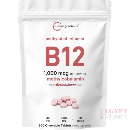 Micro Ingredients Vitamin B12 1,000mcg | Methyl B12 Active Form | 365 Chewable Tablets | Fast Dissolve, Natural Strawberry Flavor