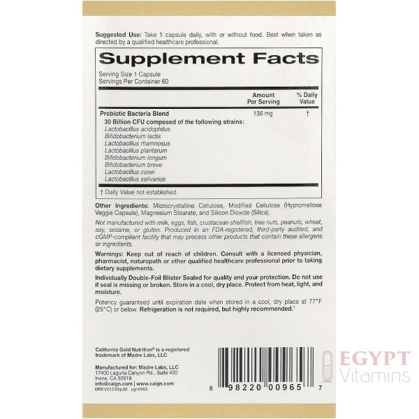 California Gold Nutrition| LactoBif® 30, 30 Billion CFU| 60 Veggie Capsules - Image 2