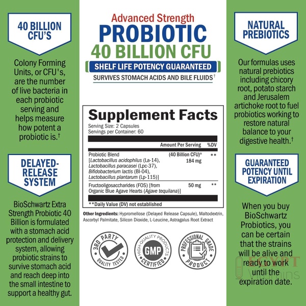⁦BioSchwartz Daily Probiotic Supplement with 40 Billion CFU |120 Capsules⁩ - الصورة ⁦2⁩