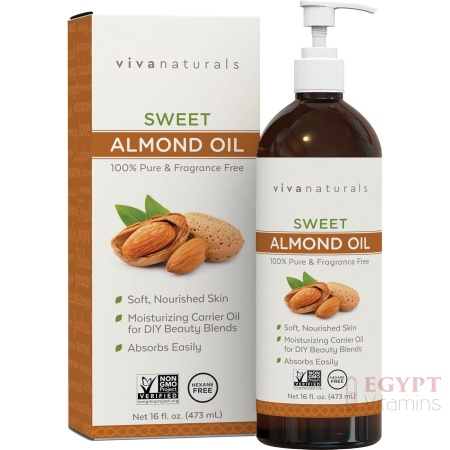 Viva Naturals Sweet Almond Oil for Skin - Body Oil, Hair Moisturizer and Relaxing Massage and Oil, Carrier Oil for Essential Oils Mixing, Non-Greasy Pure Sweet Almond Oil for Hair and Skin, 16 fl oz