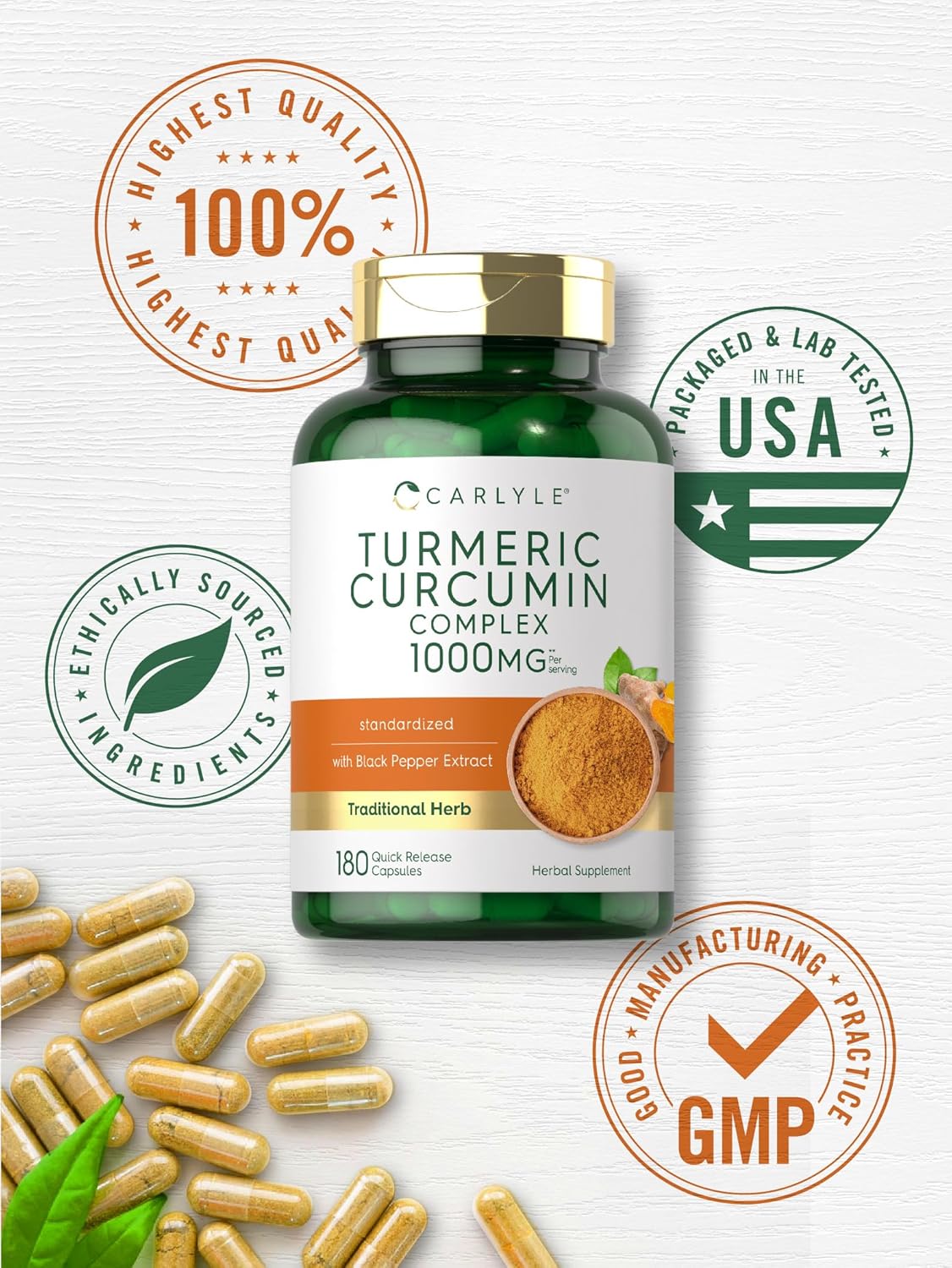 Carlyle Turmeric Curcumin Supplement with Black Pepper, 1000mg | 180 Capsules - Image 3