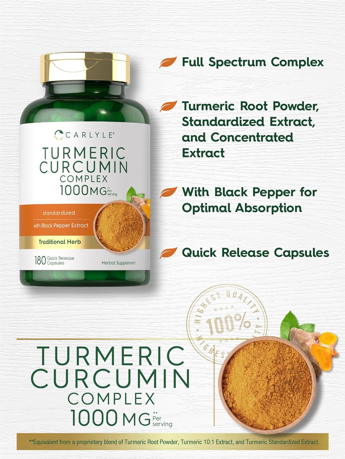 Carlyle Turmeric Curcumin Supplement with Black Pepper, 1000mg | 180 Capsules - Image 4