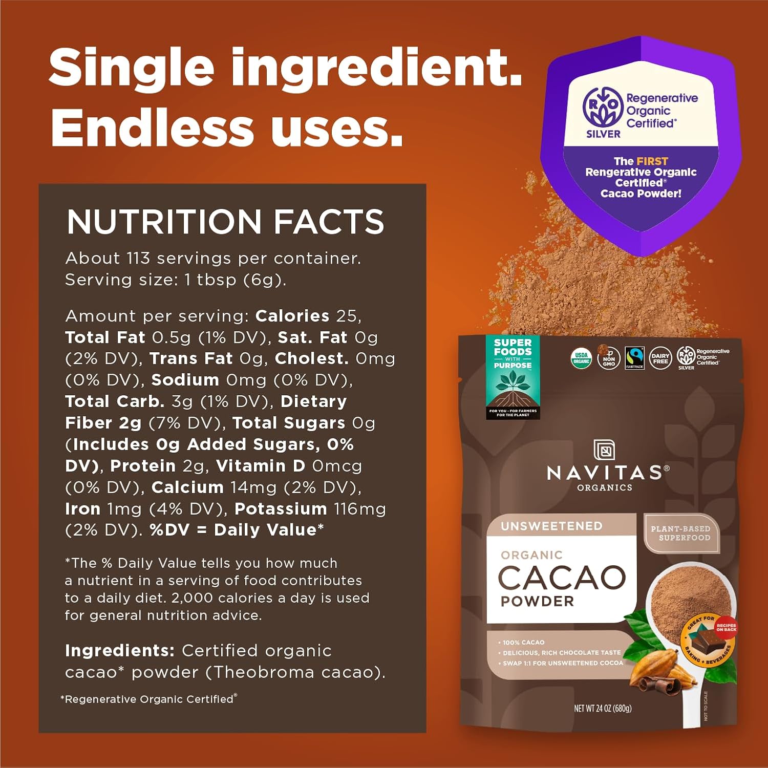 Navitas Organics Cacao Powder | Organic & Fairtrade | 24oz Bag, 113 Servings - Image 2