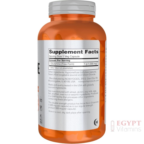 ⁦NOW Sports Nutrition, L-Glutamine, Double Strength 1,000 mg, Amino Acid, 240 Veg Capsules⁩ - الصورة ⁦2⁩