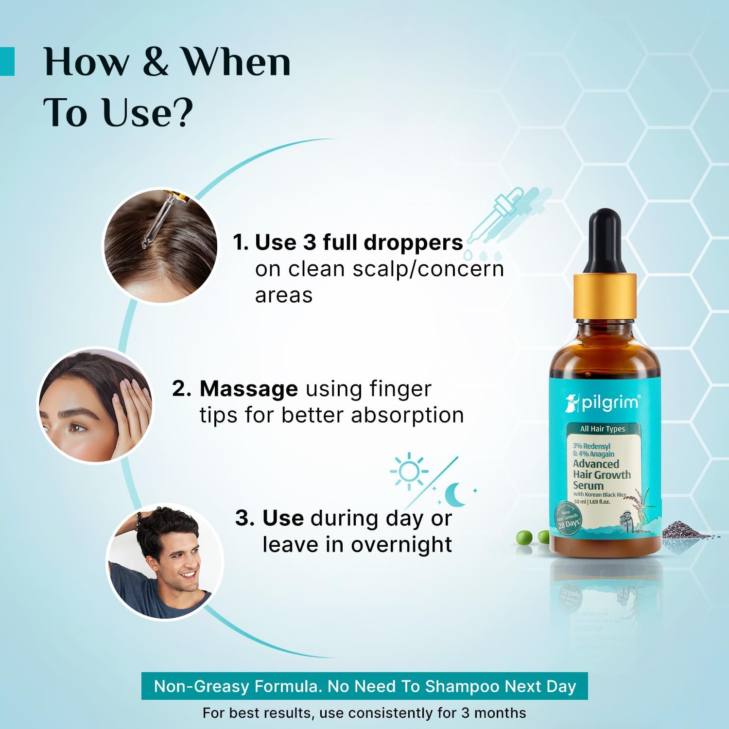 Pilgrim Advanced Hair Growth Serum with Redensyl 3%, Anagain 4% & Baicapil | Hair Fall Control & Regrowth | Korean Black Rice | For Men & Women, 1.69 Fl Oz (50ml) - Image 5