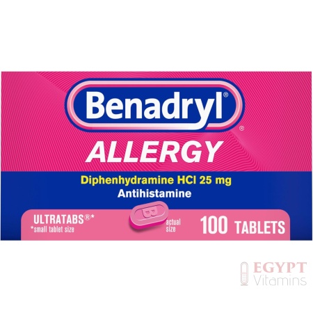 Benadryl Ultratabs Allergy Medicine, 25 mg Diphenhydramine HCl Antihistamine Tablets For Cold & Allergy Relief of Symptoms Like Sneezing, Runny Nose, Itchy Eyes & Throat, Hay Fever, 100 Tablets