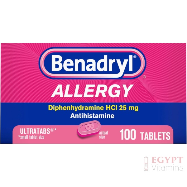 Benadryl Ultratabs Allergy Medicine, 25 mg Diphenhydramine HCl Antihistamine Tablets For Cold & Allergy Relief of Symptoms Like Sneezing, Runny Nose, Itchy Eyes & Throat, Hay Fever, 100 Tablets