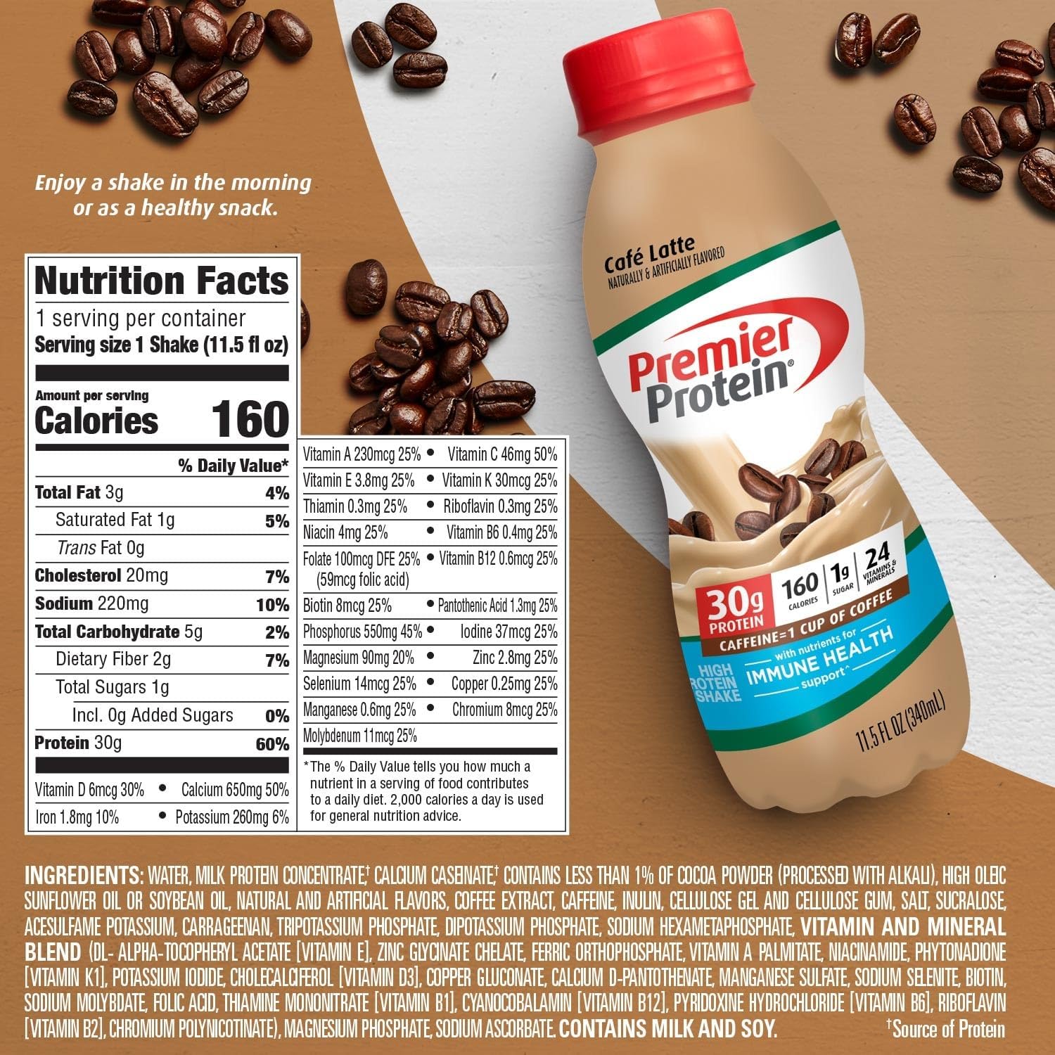 Premier Protein Shake, Café Latte, 30g Protein, 1g Sugar, 24 Vitamins & Minerals, Nutrients to Support Immune Health 11.5 fl oz, 12 Pack - Image 2