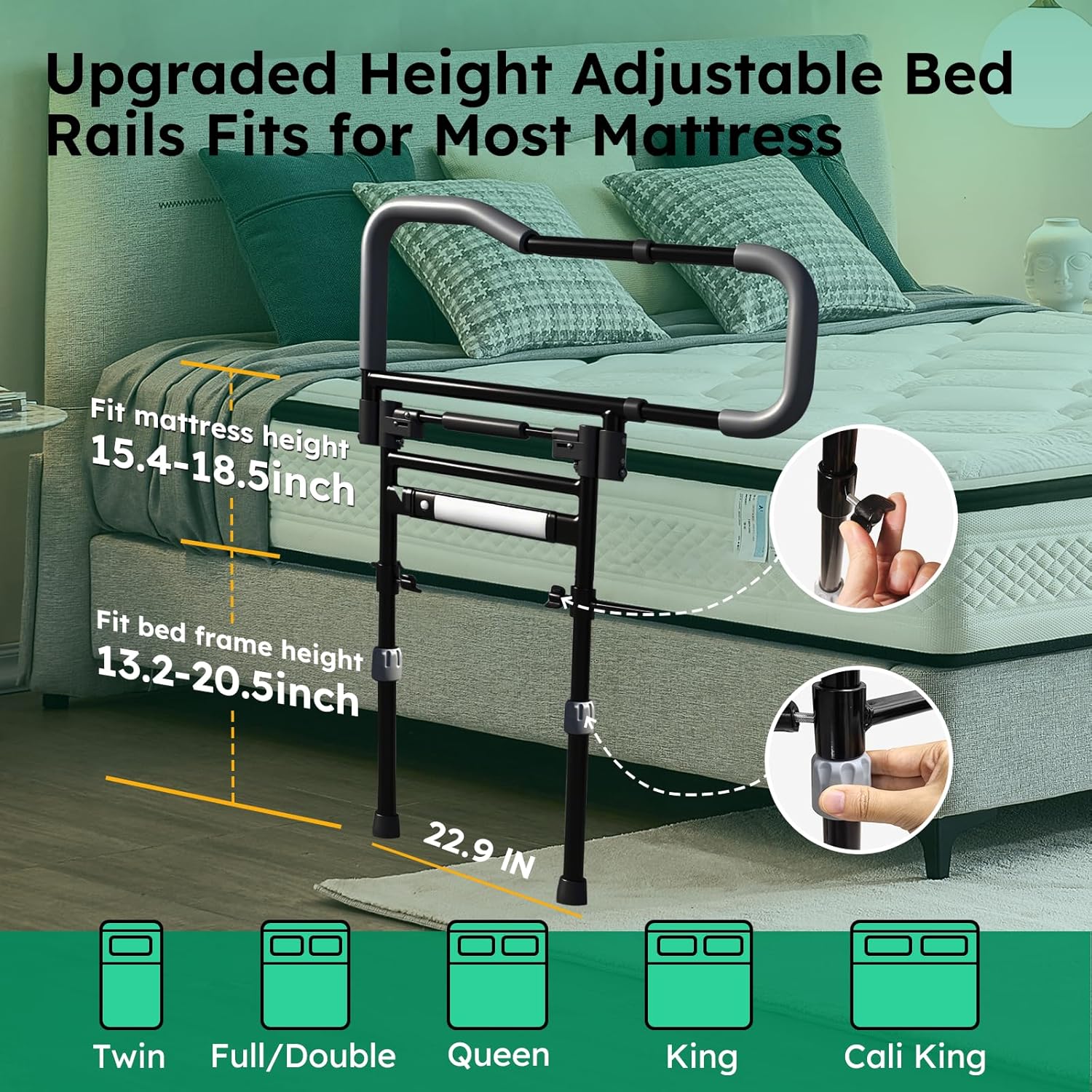 Foldable Bed Rail, Adjustable Bed Rails for Elderly Adults Safety, Bed Rails for Seniors, Bed Side Assist Rails for King Queen Full Twin, Hold up to 300LBS - Image 4